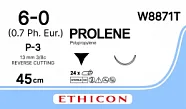 Prolene 6/0, нить 45 см, игла 13 мм, Прайм обр.реж. 3/8 (24 шт) - нерассасывающийся шовный материал, синий, W8871T