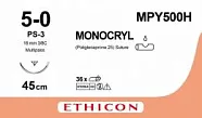 Монокрил 5/0, нить 45 см, игла 16 мм, Прайм обр.реж. 3/8 (12 шт) - рассасывающийся шовный материал, неокрашенный, MPY500H