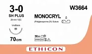 Монокрил 3/0, нить 70 см, игла 26 мм, кол. 1/2, ВизиБлэк (12 шт) - рассасывающийся шовный материал, фиолетовый, W3664