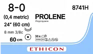 Prolene 8/0, нить 60 см, игла 8 мм х 2, кол. 3/8 (36 шт) - нерассасывающийся шовный материал, синий, 8741H