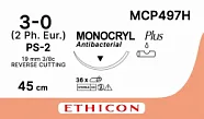 Монокрил Плюс 3/0, нить 45 см, игла 19 мм, Прайм обр.реж. 3/8 (12 шт) - рассасывающийся шовный материал, неокрашенный, MCP497H