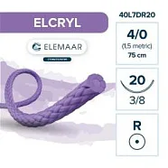 Elcryl 4/0, нить 75 см, игла 20 мм, кол. 3/8 (12 шт) - шовный материал, 40L7DR20