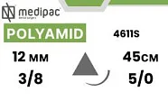 Полиамид 5/0, нить 45 см, игла 12 мм, экстра-реж. 3/8 (1 шт) - нерассасывающийся шовный материал, 4611S