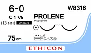 Prolene 6/0, нить 75 см, игла 13 мм х 2, кол. 3/8 (12 шт) - нерассасывающийся шовный материал, синий, ВизиБлэк, W8316
