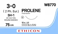 Prolene 3/0, нить 75 см, игла 22 мм, кол. 1/2 (12 шт) - нерассасывающийся шовный материал, синий, W8770