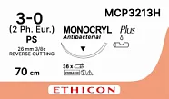 Монокрил Плюс 3/0, нить 70 см, игла 26 мм, Прайм обр.реж. 3/8 (12 шт) - рассасывающийся шовный материал, неокрашенный, MCP3213H