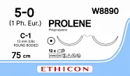 Prolene 5/0, нить 75 см, игла 13 мм, кол. 3/8 (12 шт) - нерассасывающийся шовный материал, синий, W8890