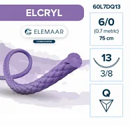 Elcryl 6/0, нить 75 см, игла 13 мм, обр.реж. 3/8 (12 шт) - шовный материал, 60L7DQ13