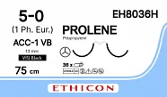 Prolene 5/0, нить 75 см, игла 13 мм х 2, АСС, VB (12 шт) - нерассасывающийся шовный материал, синий, сложный изгиб, EH8036H
