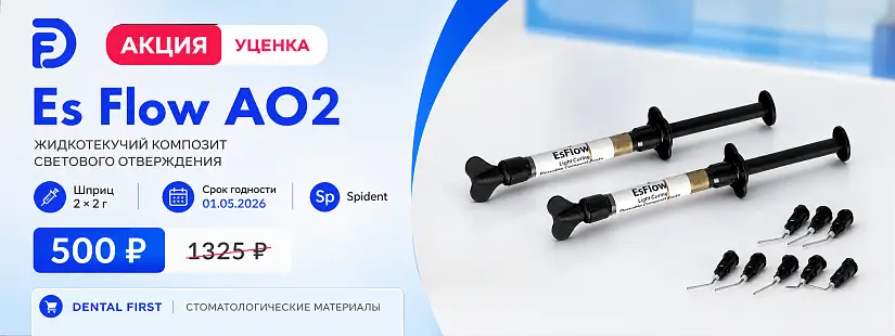 1 - Акция - Уценка Es Flow AO2, жидкотекучий композит светового отверждения, шприц 2 х 2 г., Spident срок (01.05.2026)